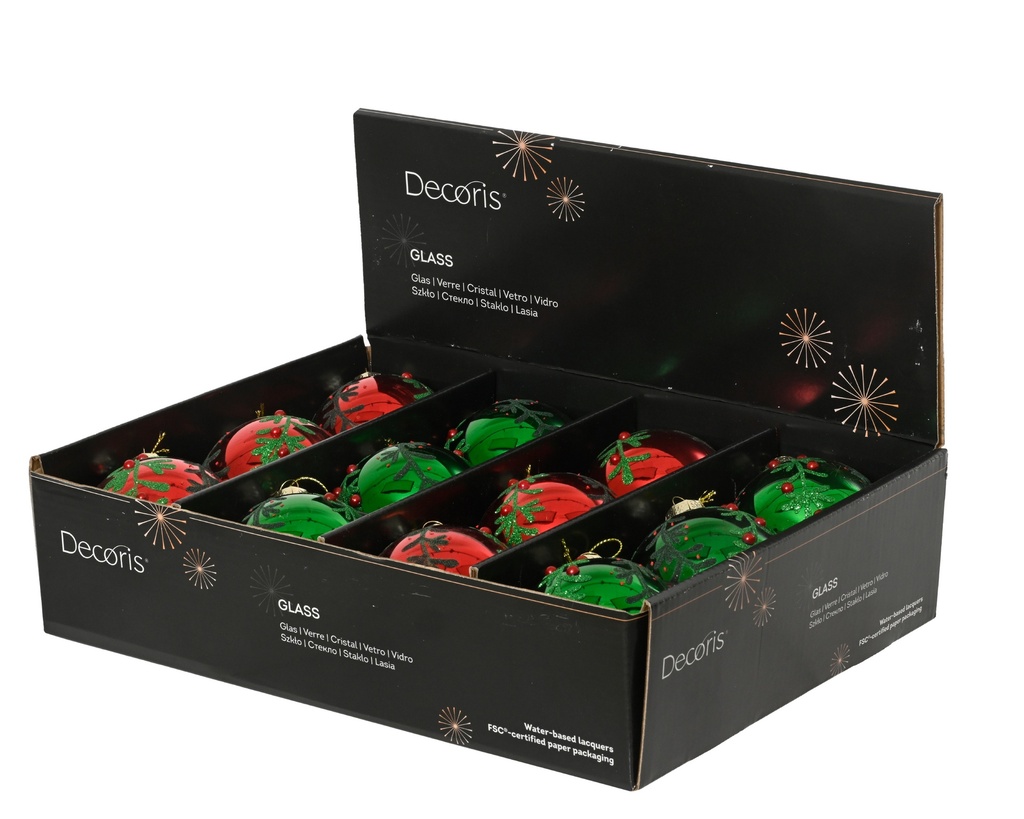 ***BAUBLES GLASS WITH GREEN LEAVES ASSORTED dia8.00cm
