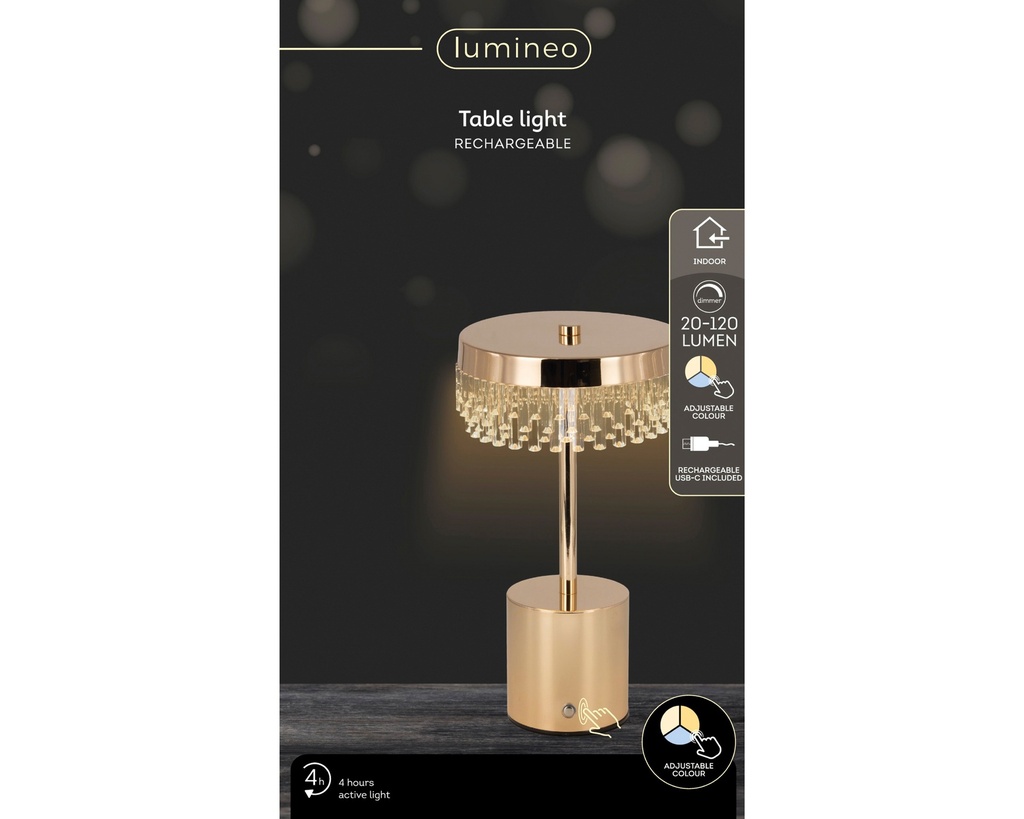 ***LED RECHARGEABLE TABLE LAMP BO INDOOR GOLD/COLOUR SELECT dia14.00-H25.50cm-48L