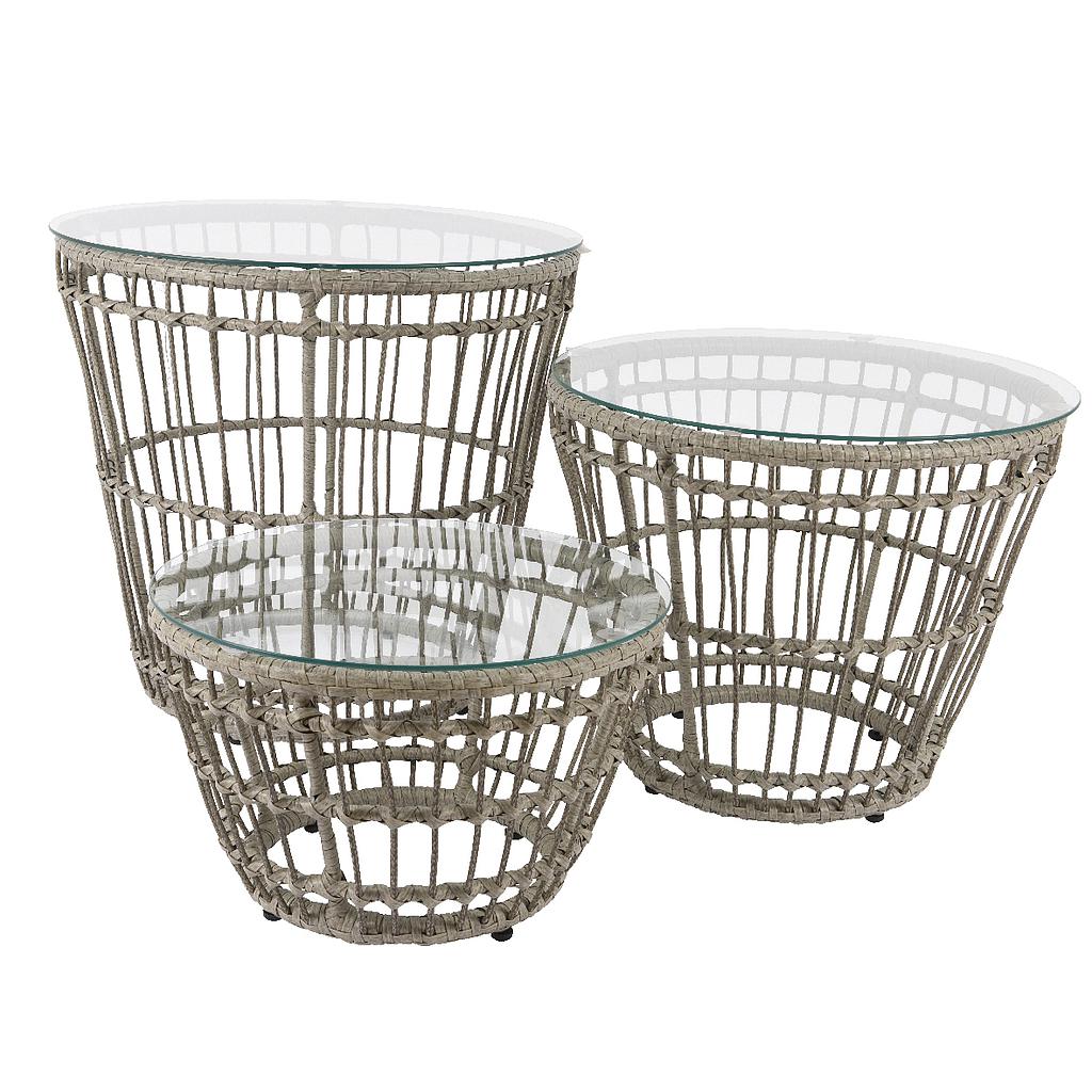 MESITAS MIMBRE Y CRISTAL-SET DE 3-GRIS