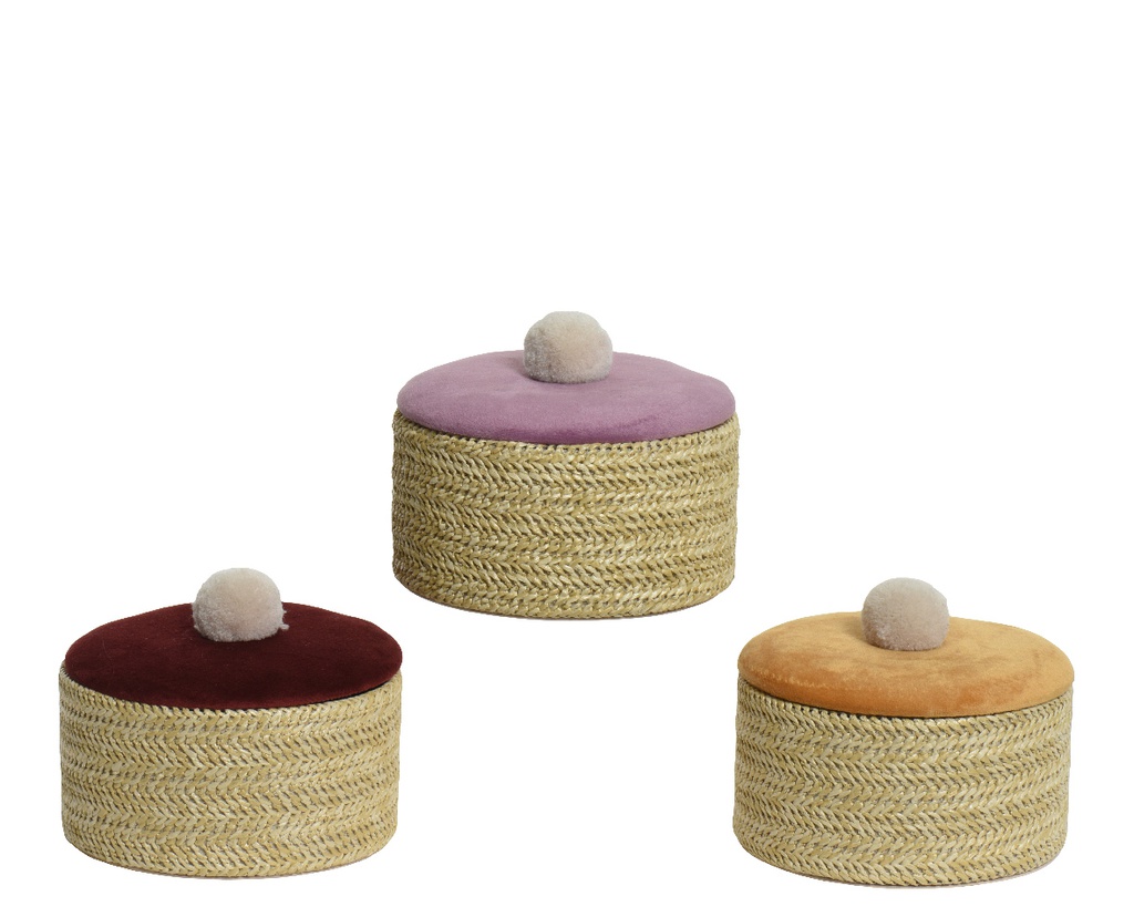 BOMBONERA/CAJITA TERCIOPELO/ESPARTO - dia14CM - 3 COLORES - PRECIO UNIDAD