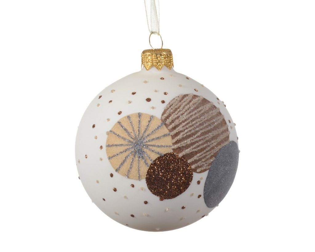 ***BAUBLE GLASS CIRCLES AND DOTS WOOL WHITE dia8.00cm