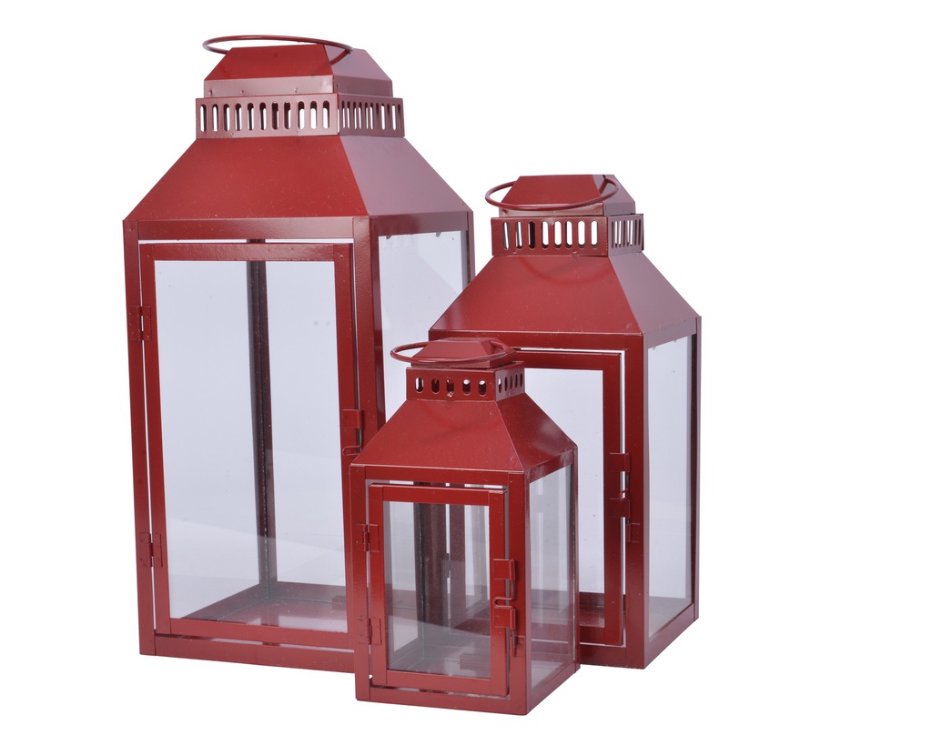 ***LANTERN IRON RED L20.00-W20.00-H45.00cm  L16.00-W16.00-H35.00cm  L12.00-W12.00-H24.00cm