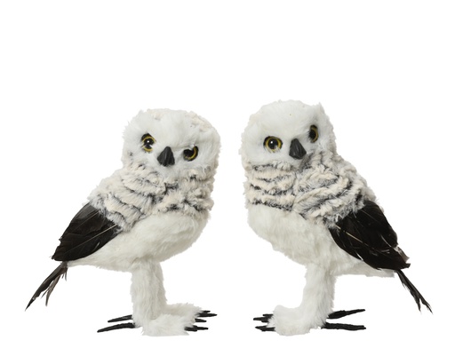 HIBOU EN POILS ET PLUMES - GRIS - 2 ASSORTIMENTS - PRIX A L'UNITE - L11.00-W8.00-H16.00cm