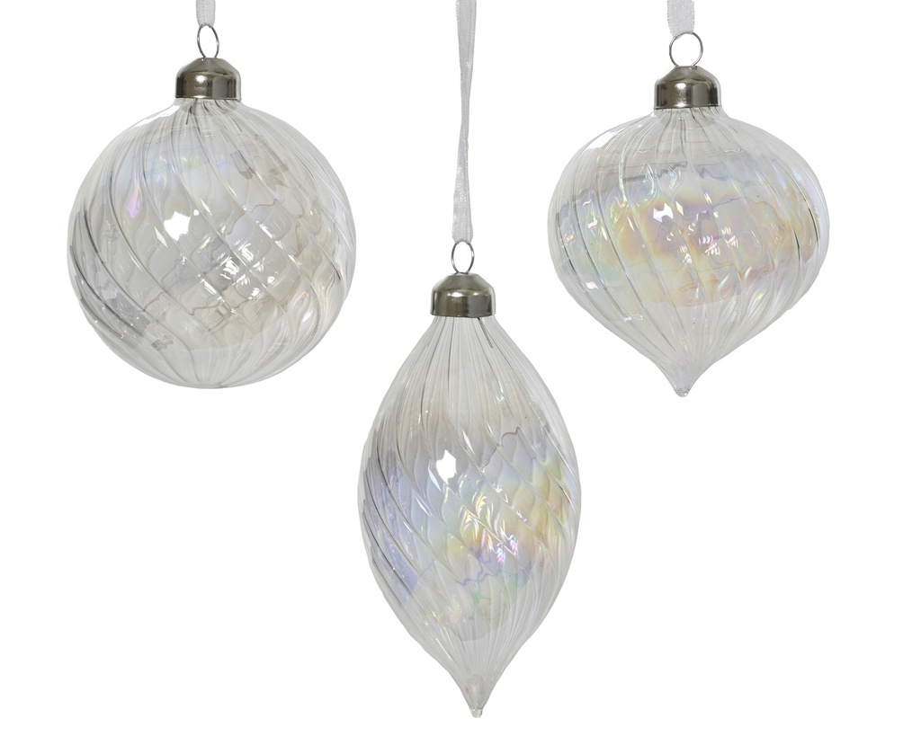 ***BAUBLE GLASS W SWIRL TRANSPARENT/IRIS dia8.00cm