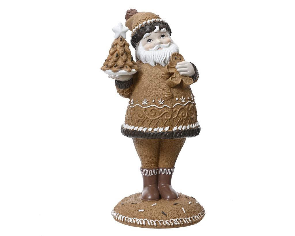 PERE NOEL EN RESINE AVEC UN GATEAU - TEINTES MARRONS - L13.50-W11.50-H25.00cm