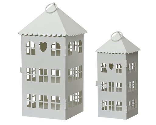 LINTERNA METAL BLANCO - FORMA CASITA - SET DE DOS - L14.50-W14.50-H30.00cm  L9.50-W9.50-H23.00cm