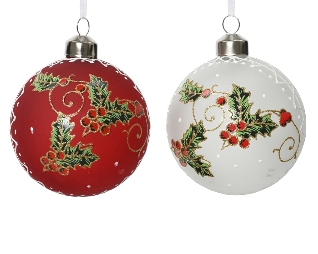 BOULE DE NOEL EN VERRE - FEUILLES DE HOUX/BAIES/PAILLETTES - PRIX A L'UNITE - dia8.00cm