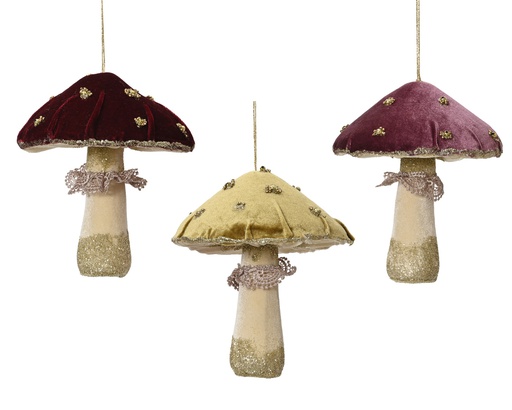 CHAMPIGNON EN VELOURS A SUSPENDRE - DORE CLAIR, ROUGE OU GRENAT - PRIX A L'UNITE - L10.00-W10.00-H12.00cm