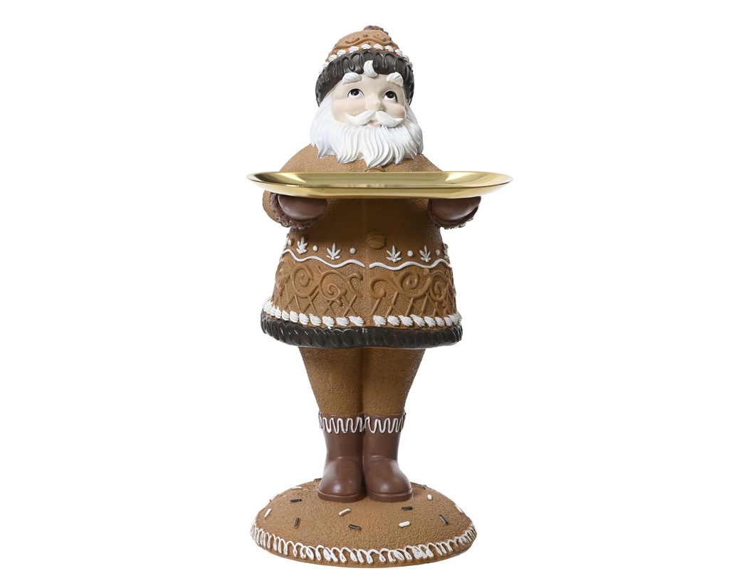 PERE NOEL EN RESINE AVEC UN GATEAU - TEINTES MARRONS - L18.00-W19.00-H35.00cm