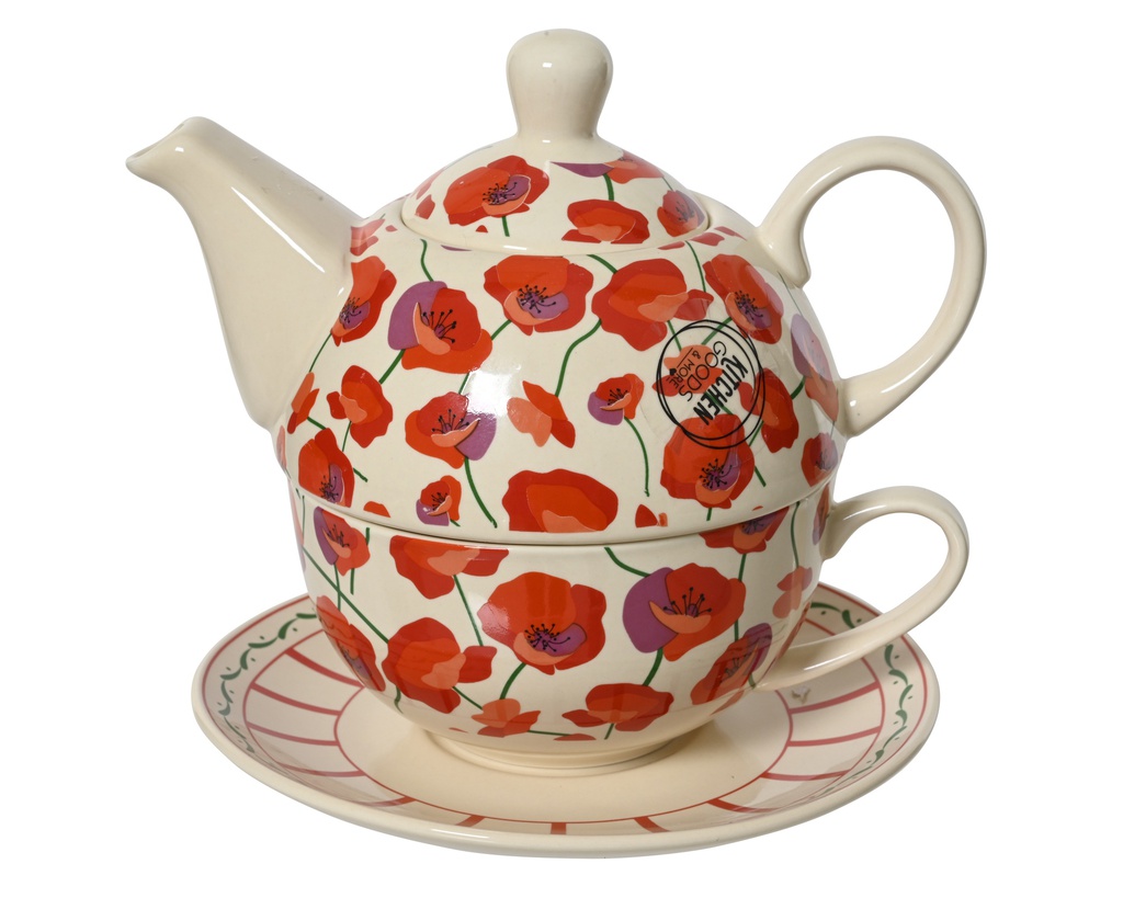 ENSEMBLE THÉIÈRE/TASSE/SOUCOUPE EN PORCELAINE - COQUELICOTS - L17.00-W14.00-H12.00cm