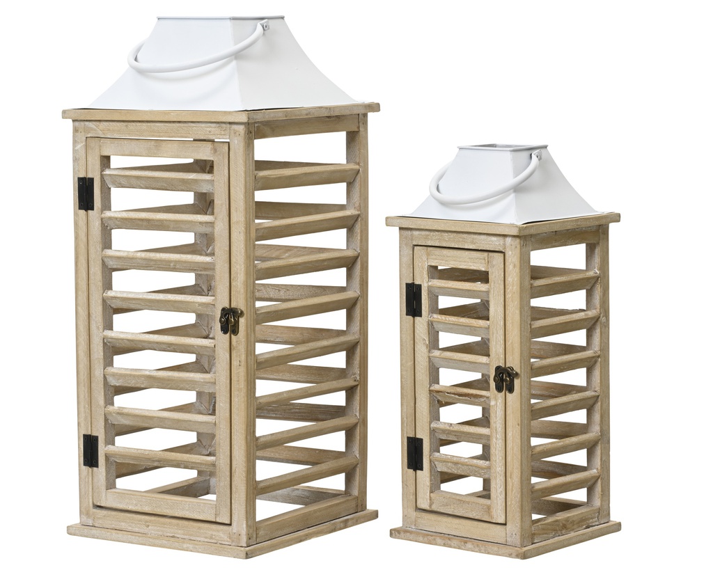 LANTERNES EN BOIS - NATUREL/BLANC - LOT DE 2 - L24.00-W24.00-H55.00cm /L17.50-W17.50-H41.00cm