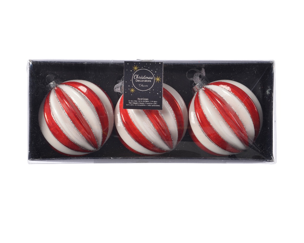 BOULE EN VERRE - ROUGE/BLANCHE - 80MM - 3 PIÈCES