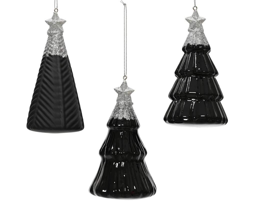 ***TREE GLASS W STAR ON TOP- W SILVER GLITTER BLACK dia6.70-H12.60cm