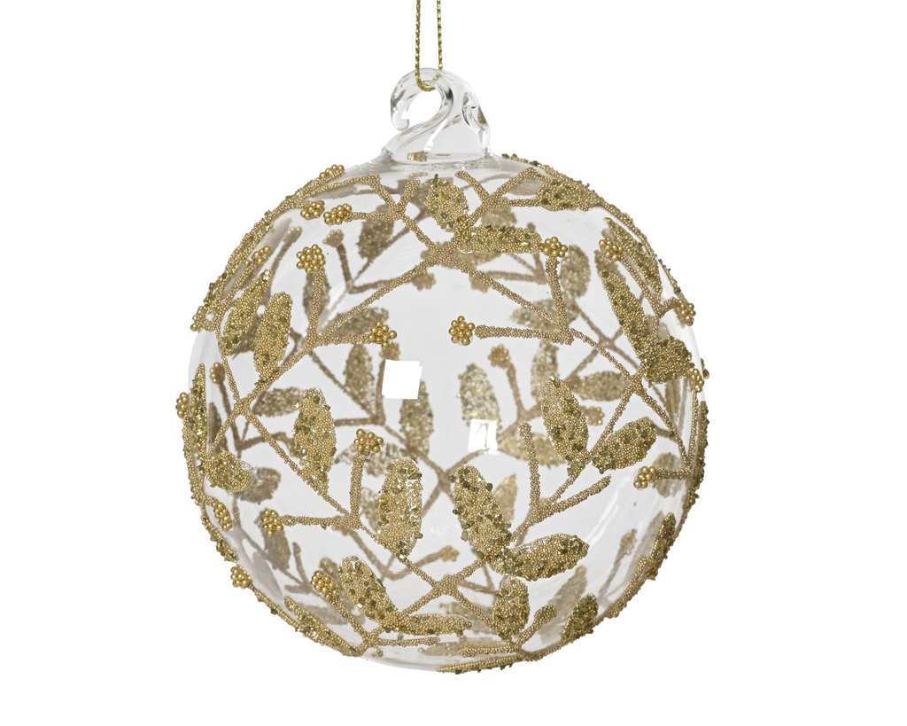 ***BAUBLES GLASS W BEADS AND GLITTER LEAVES TRANSPARENT/GOLD dia12.00cm