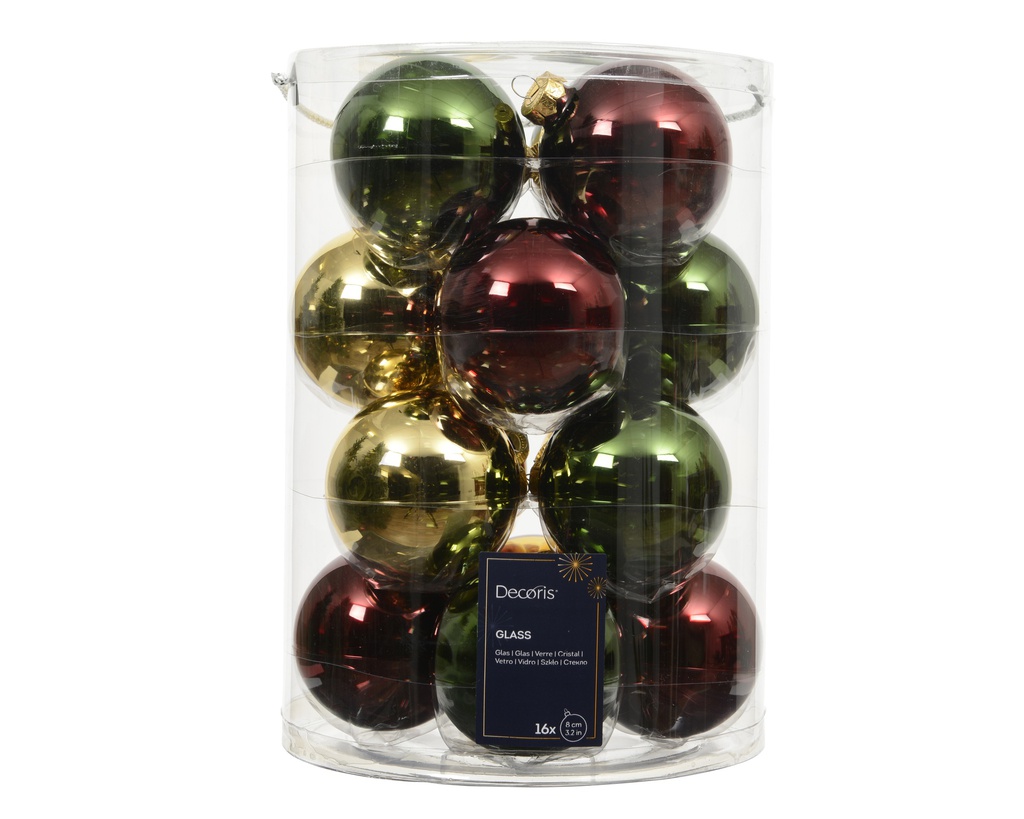 BOLAS CRIS - MIX VERDE PINO. OXBLOOD. DORADO - 16 UDS - dia8.00cm