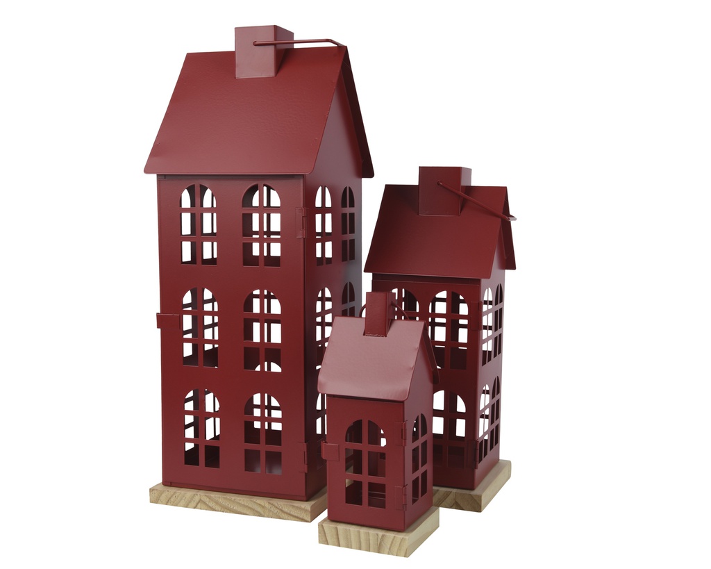 LANTERNES EN MÉTAL -ROUGE - LOT DE 3 - L16.00-W16.00-H45.00cm  L12.00-W12.00-H30.00cm  L8.00-W8.00-H20.00cm