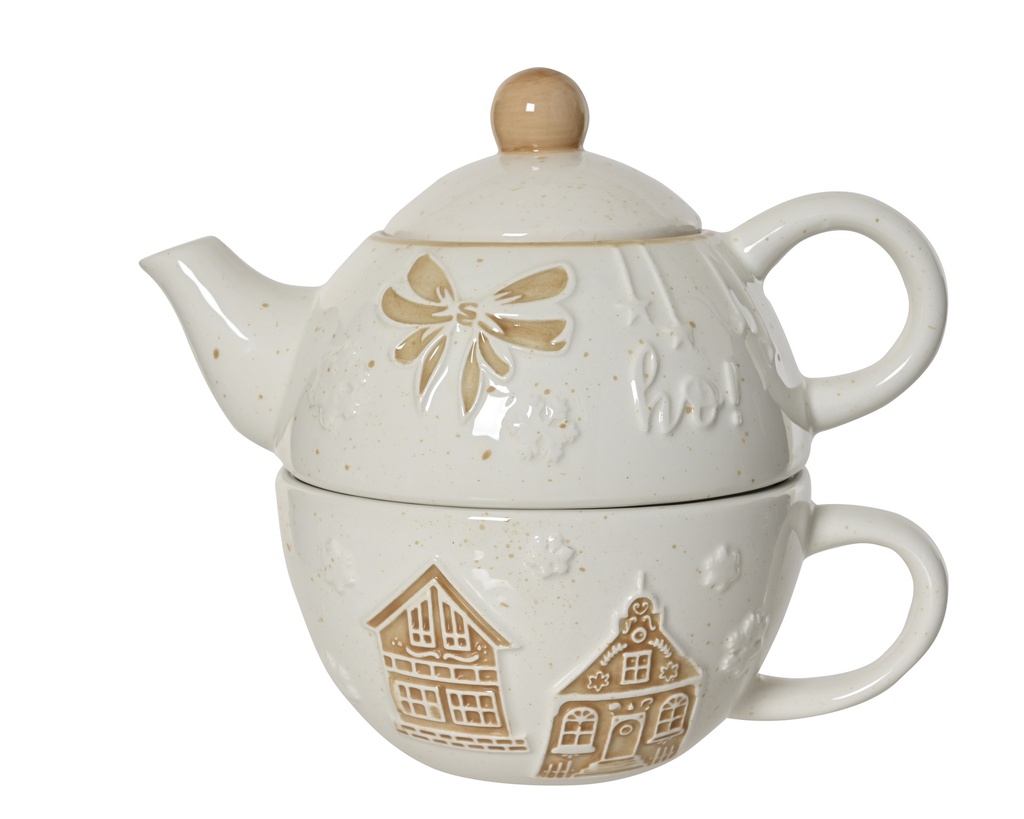 TE PARA UNO CERAMICA BLCA CON CASITAS EN RELIEVE - L19.00-W12.50-H16.00cm