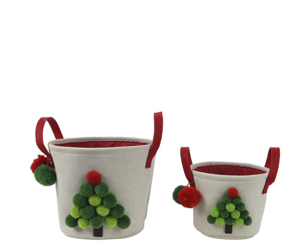 PANIERS DE NOEL - ARBRE ET POMPONS -  - SET DE 2 - FAIT MAIN - BEIGE - dia25.00-H20.50cm  dia18.00-H14.00cm