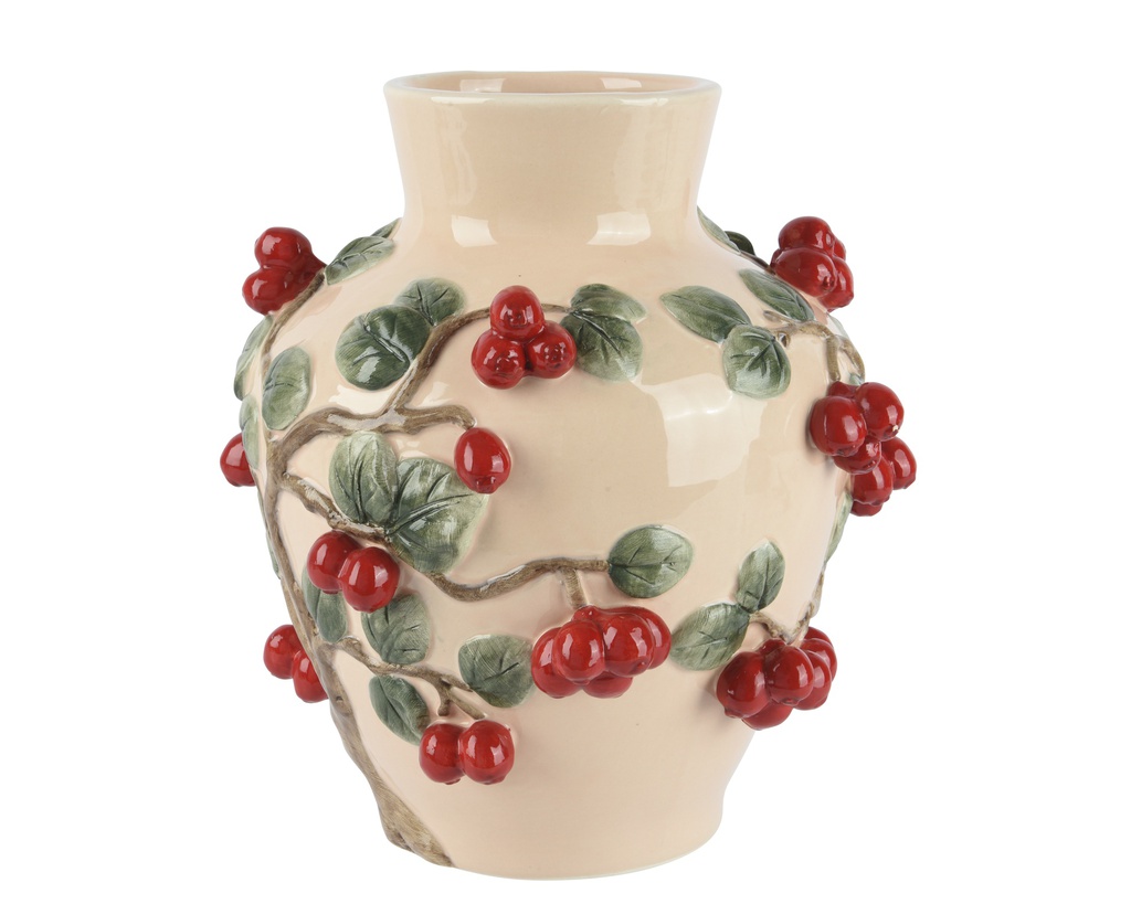 VASE EN CÉRAMIQUE - BEIGE AVEC DES BAIES EN RELIEFS - dia23.50-H25.90cm