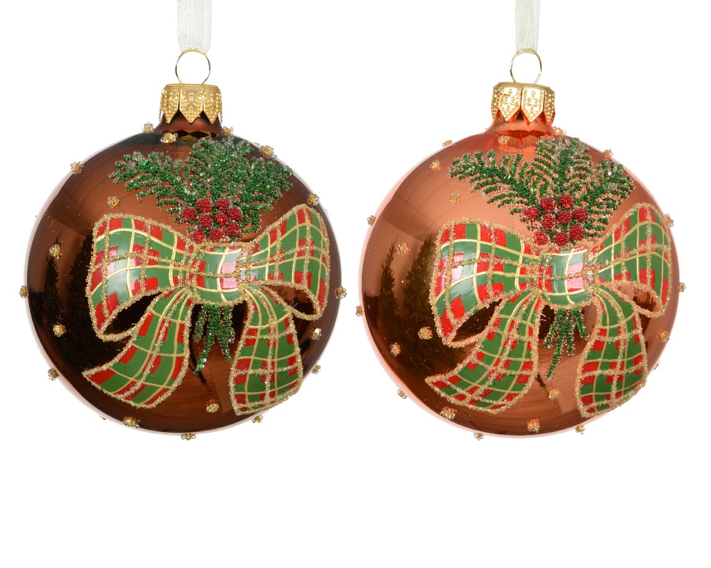 ***BAUBLE GLASS BOW WITH CHECK ASSORTED dia8.00cm