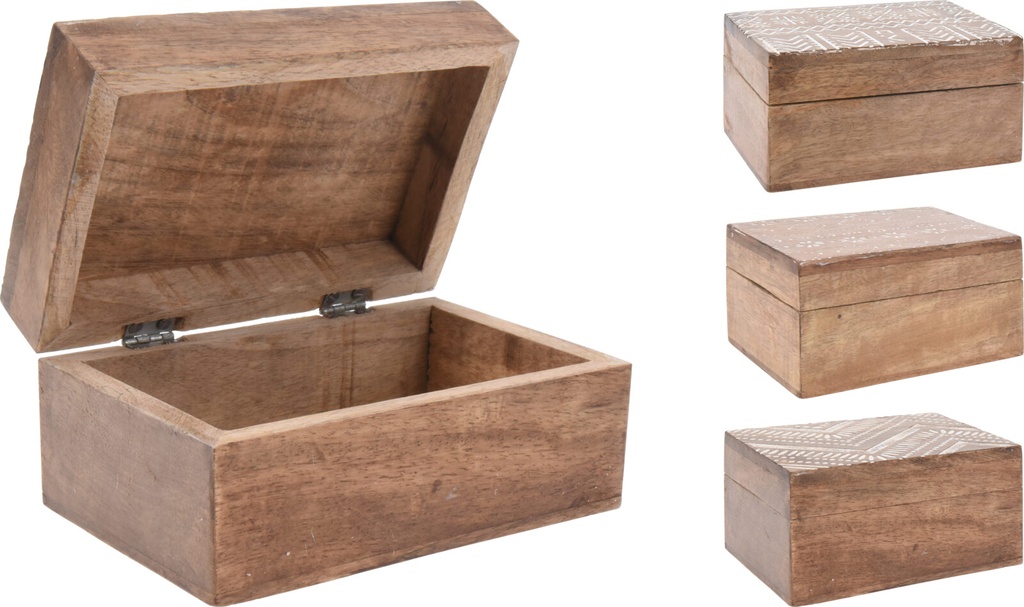 BOITE EN BOIS DE MANGUIER POUR RANGEMENT - 15,2 cm x 10 cm x 7,5 cm - 3 MOTIFS - PRIX UNITAIRE 