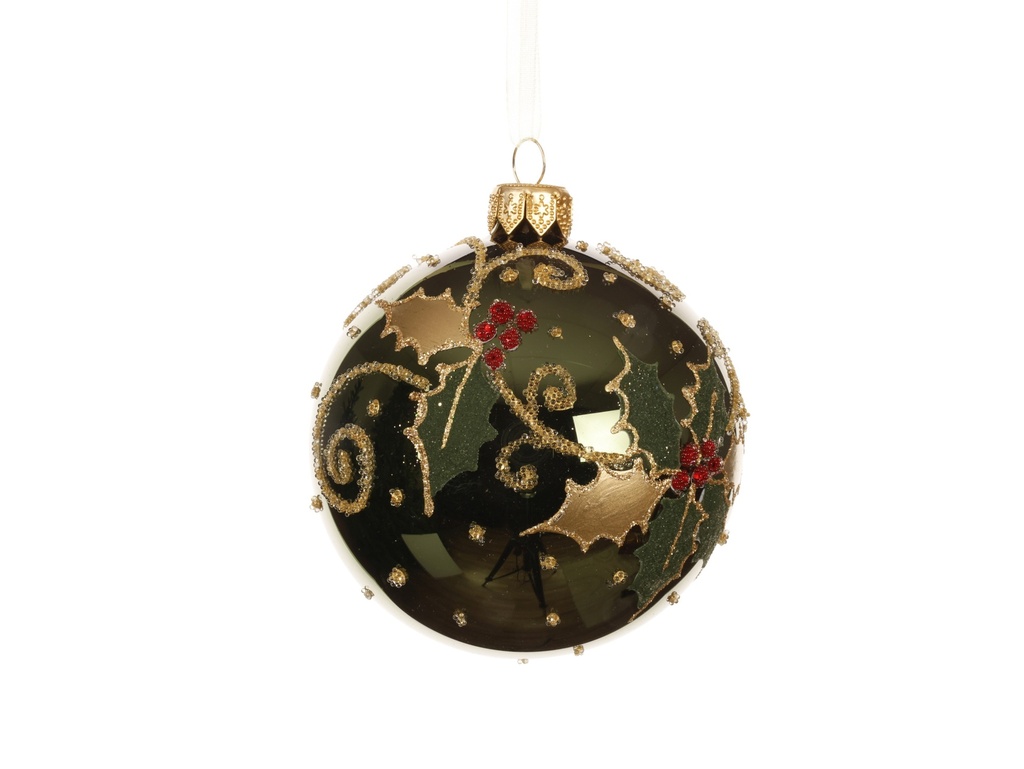 ***BAUBLE GLASS HOLLY PINE GREEN dia8.00cm