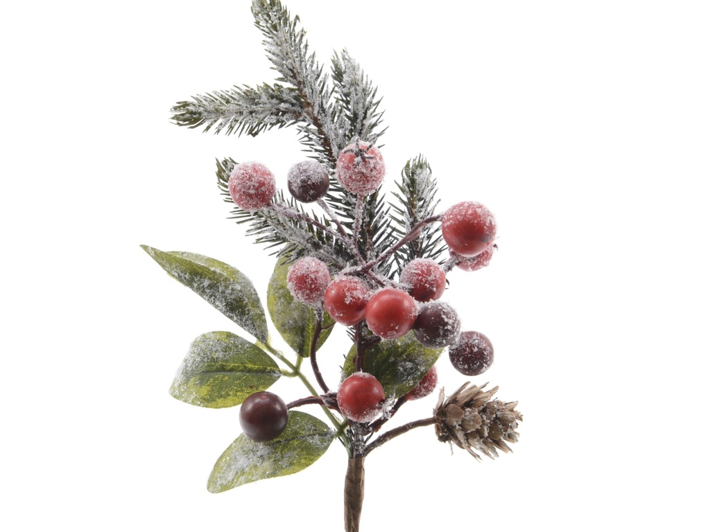 BRANCHE AVEC BAIES ET NEIGE DECO - VERT/ROUGE - L5-W8-H24CM