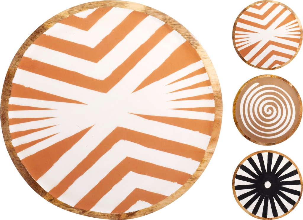 PLATO MADERA MANGO - DISEÑO GEOMETRICO - 30CM DIA - 3 COLORES - PRECIO UD 