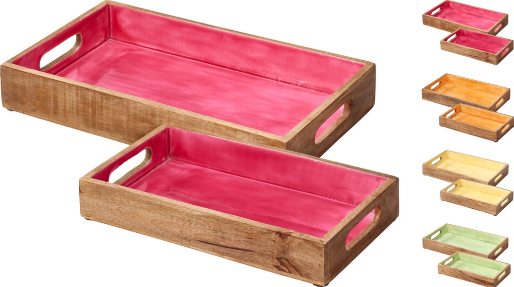 PLATEAUX EN BOIS DE MANGUIER - LOT DE DEUX - 4 COULEURS - PRIX/SET