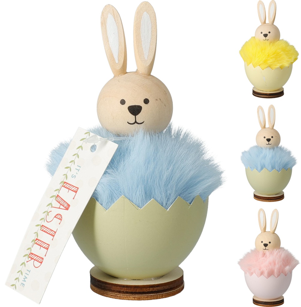 ***RABBIT IN EGG TABLE DECORATION, PINEWOOD (PINUS) AND PLUSH