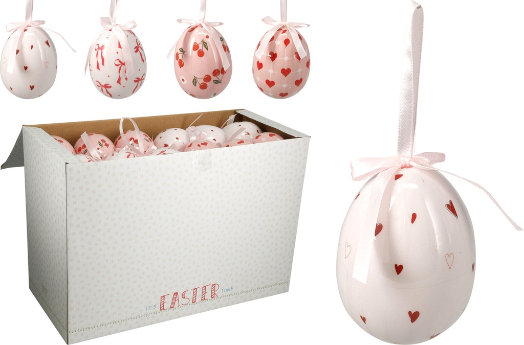 ***EASTER EGG HANGING DECO, STYROFOAM EGG WITH PINK RIBBON, 4 ASSORTED DESIGNS: CHERRIES, RIBBON BOWS, SMALL HEARTS, BIG HEARTS