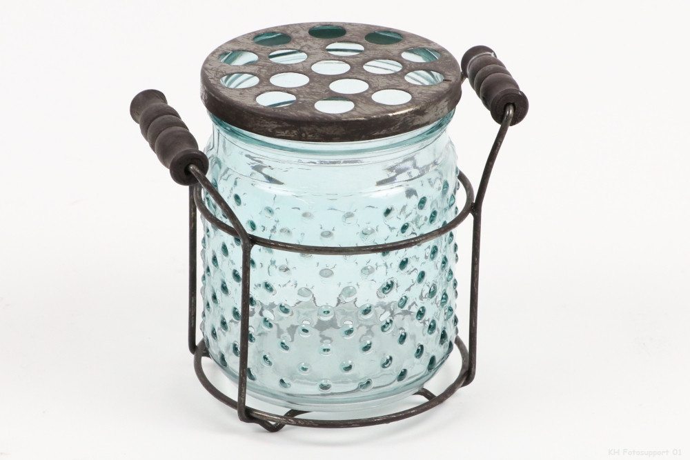JARRON CRISTAL Y METAL TIPO TARRO-COLOR AQUA- D11X13CM