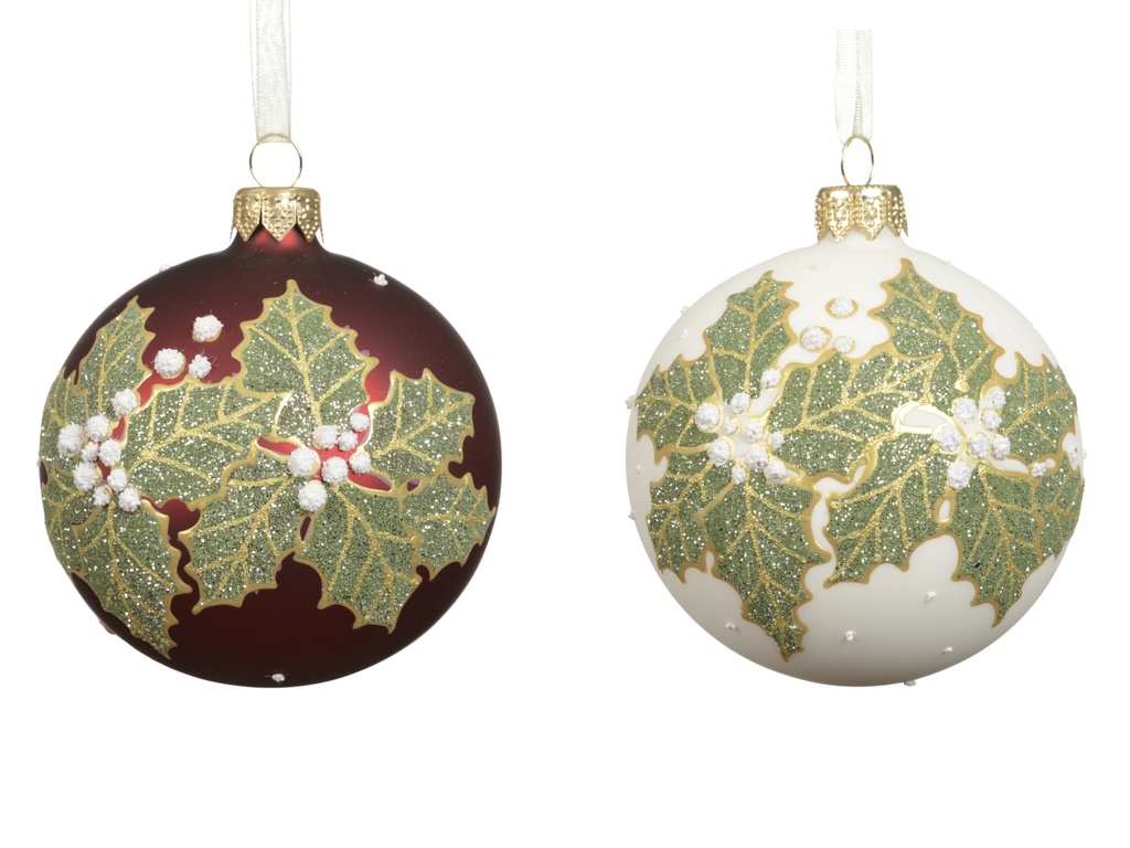 ***BAUBLE GLASS HOLLY LEAF ASSORTED dia8.00cm