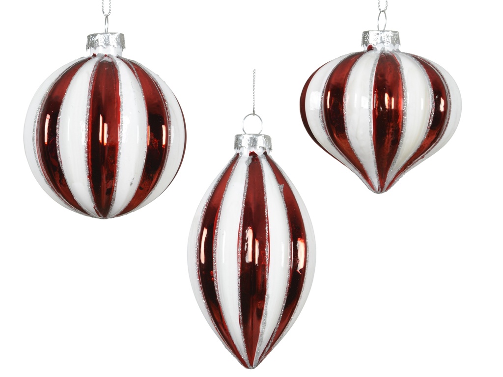 ***BAUBLES GLASS W STRIPES RED AND WHITE dia8.00cm