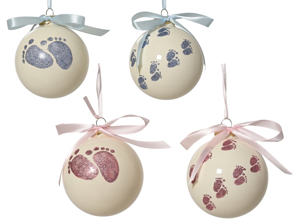 ***BAUBLES GLASS WITH FOOTPRINTS DECAL- WITH BOW ON TOP ASSORTED dia8.00cm