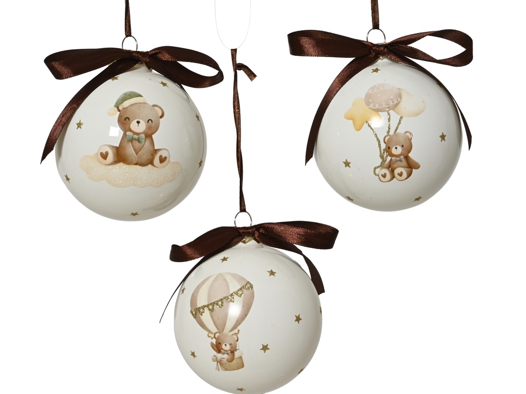 ***BAUBLES GLASS WITH BEAR DECAL AND STAR ASSORTED dia8.00cm