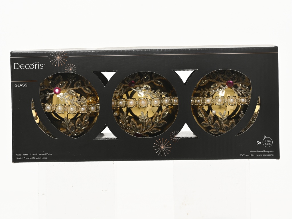 ***BAUBLES GLASS WITH PEARLS IN MIDDLE LIGHT GOLD dia8.00cm