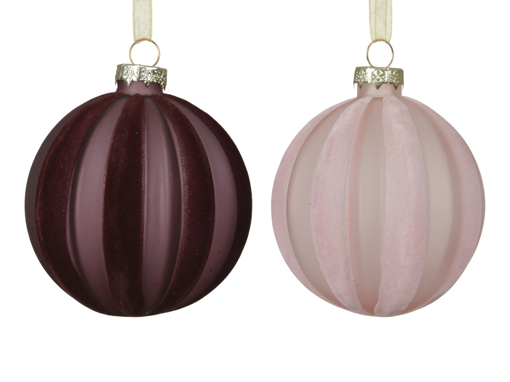 ***BAUBLES GLASS WITH FLOCK STRIPES ASSORTED dia8.00cm