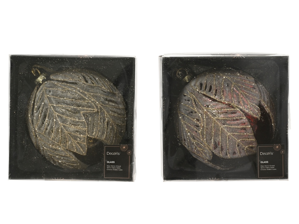 ***BAUBLES GLASS WITH LEAF- FROST ASSORTED dia15.00cm