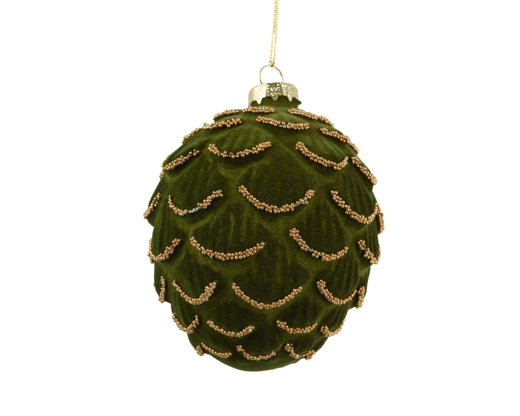 ***PINECONE GLASS WITH BEAD CHAINS GREEN dia9.00-H11.00cm