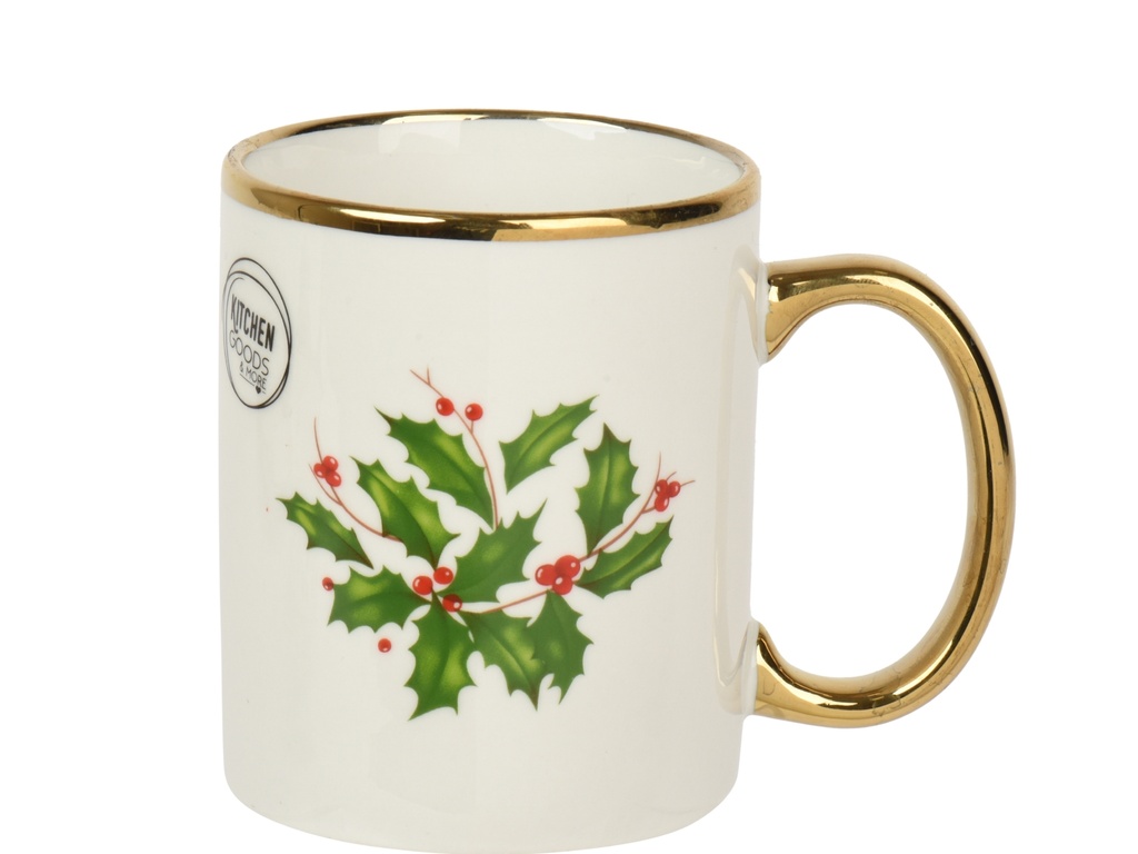 TASSE EN PORCELAINE AVEC MOTIF DE NOEL - UN CLASSIQUE - BLANC/VERT/DORE - dia8.00-H9.90cm