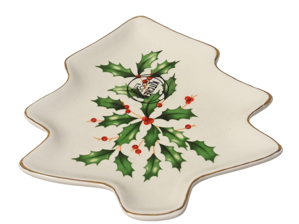 BANDEJA APERITIVO - DIBUJO NAVIDEÑO - FORMA DE ARBOL - BLANCO/VERDE -  L15.00-W13.50-H1.80cm