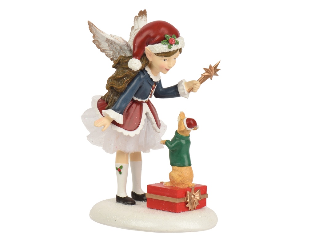 ELFE/FEE AVEC CHIOT - RESINE - L 13,90 x l 11,20 x H 20,20 cm