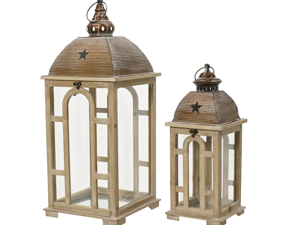 ***LANTERN FIRWOOD NATURAL L25.50-W25.50-H64.00cm  / L18.00-W18.00-H45.00cm