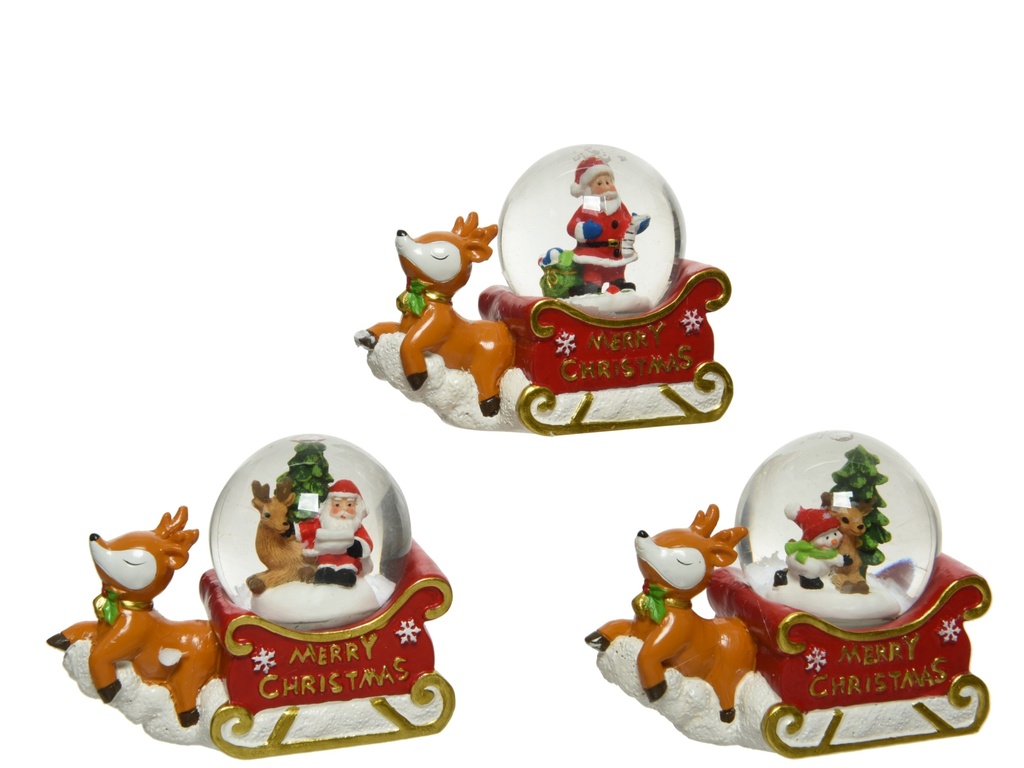 BOULE DE NEIGE - CERF AVEC TRAINEAU ET PERE NOEL - 3 ASSORTIMENTS - PRIX UNITAIRE - L4.50-W8.70-H6.70cm