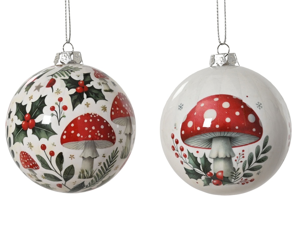 BOULE DE NOEL EN MOUSSE DE POLYURETHANE - MOTIF CHAMPIGNONS - 2 COULEURS : VERT ET ROUGE - dia. 8,00 cm 