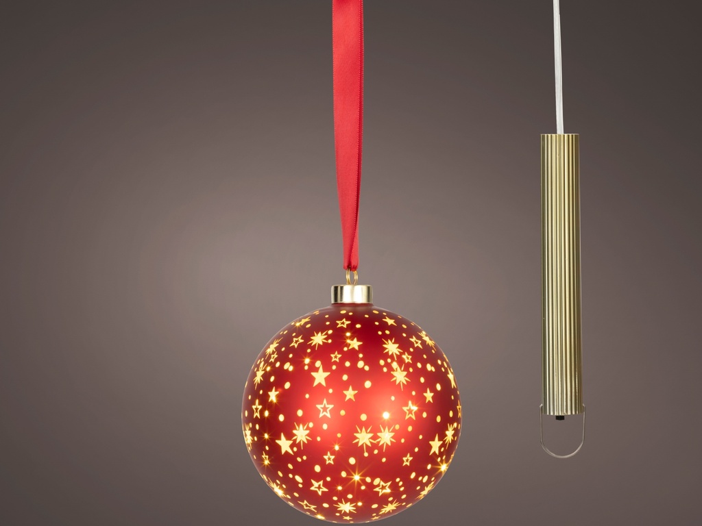 BOLA CRISTAL PARA COLGAR - MICRO LED - 15 LEDS - CON BATERIA - INTERIOR - ROJO CON ESTRELLA DORADA - LUZ CALIDA - dia14.00cm