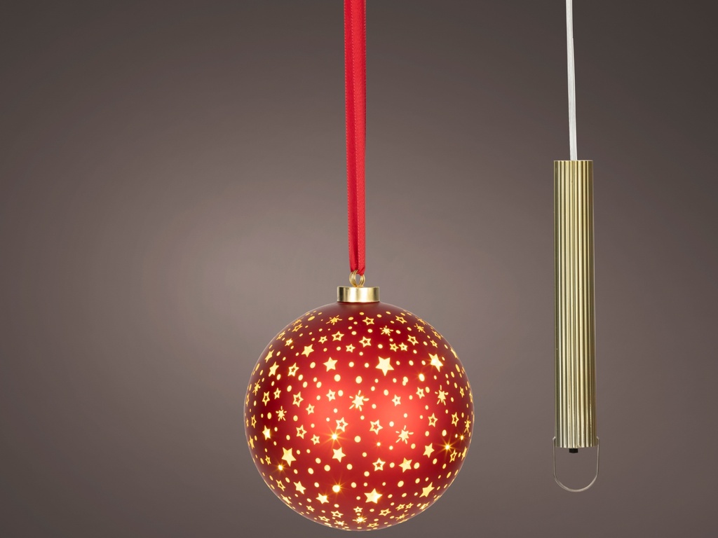 BOULE DE NOEL A SUSPENDRE - MICRO LED - 15 LED - A PILES - POUR INTERIEUR - ROUGE AVEC ETOILE DOREE - LUMIERE CHALEUREUSE dia19.00cm-20L