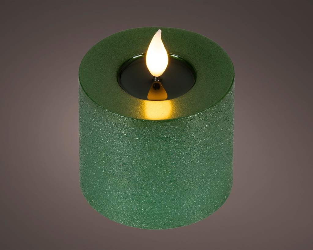 VELA LED CON NUEVO DISEÑO - MECHA MUY REALISTA 3D - LUZ CALIDA - COLOR VERDE - CON BATERIA Y TIMER dia7.50-H9.50cm-1L
