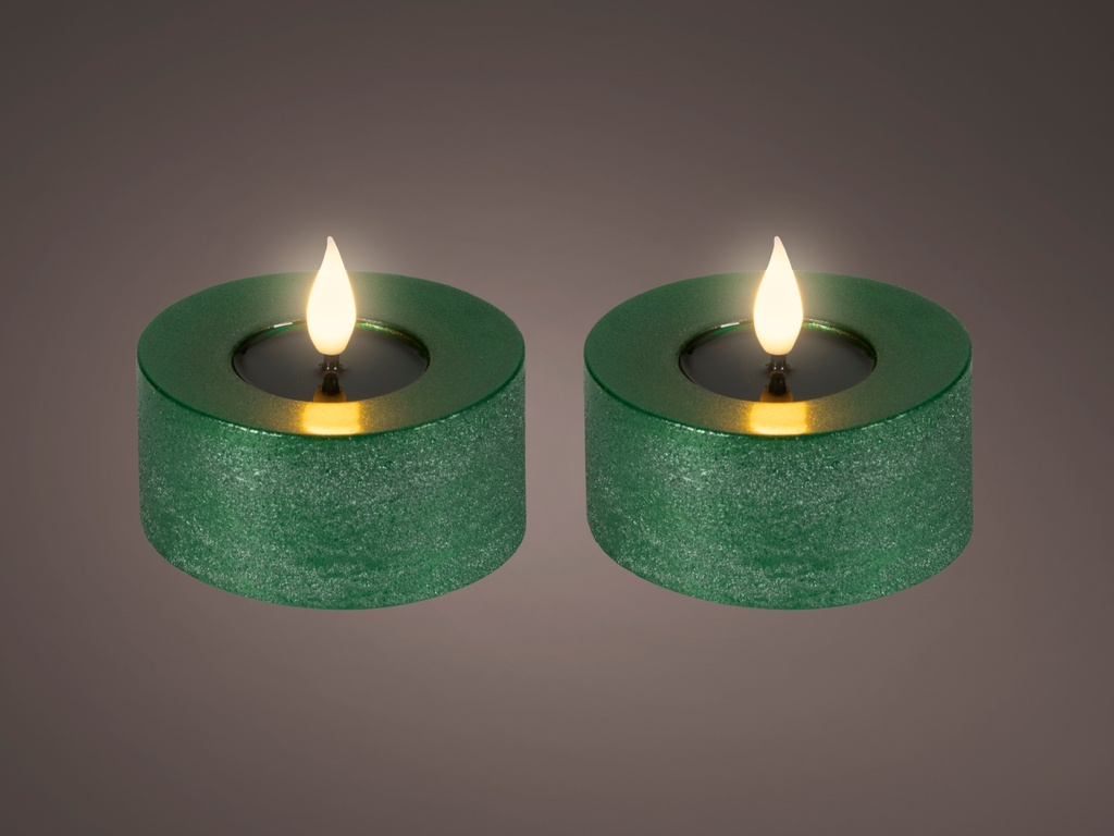 VELA LED CON NUEVO DISEÑO - MECHA MUY REALISTA 3D - LUZ CALIDA - COLOR VERDE - CON BATERIA Y TIMER dia7.50-H6.00cm-1L - CAJA CON 2 UNIDADES